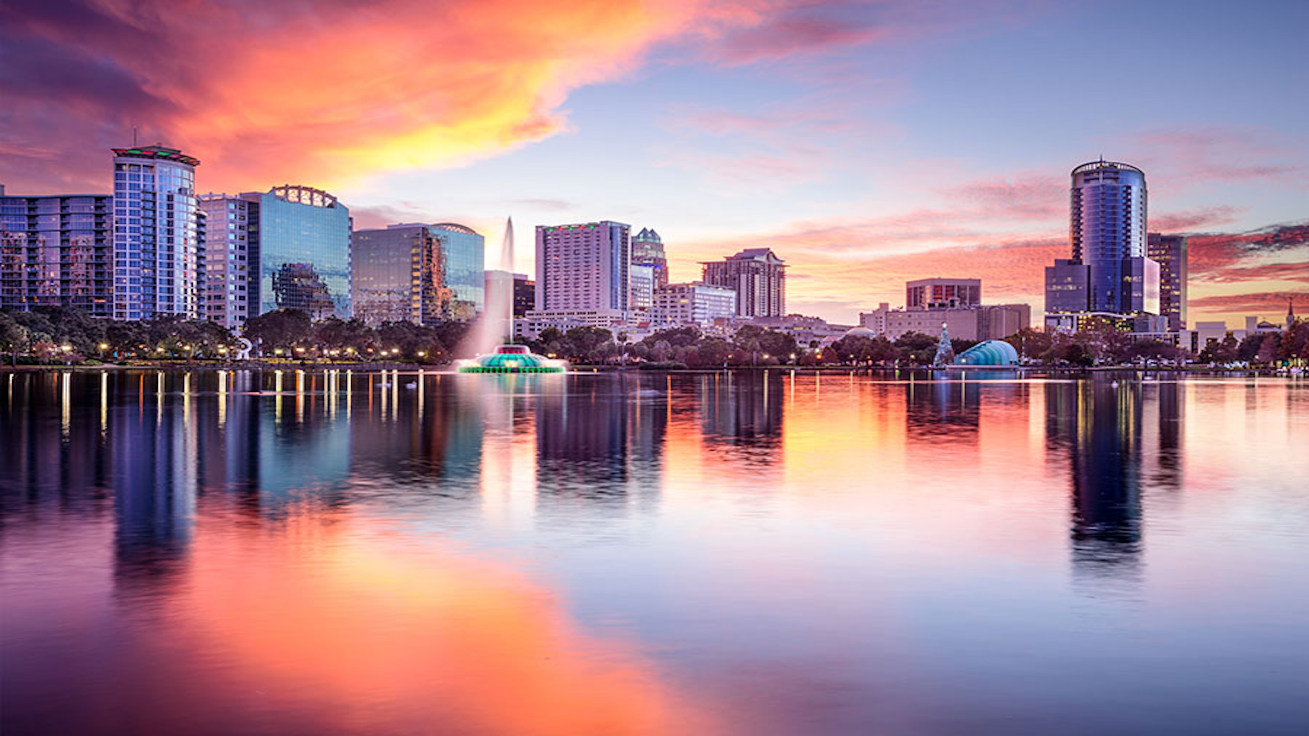 Orlando, Florida, USA downtown city skyline from Eola Park